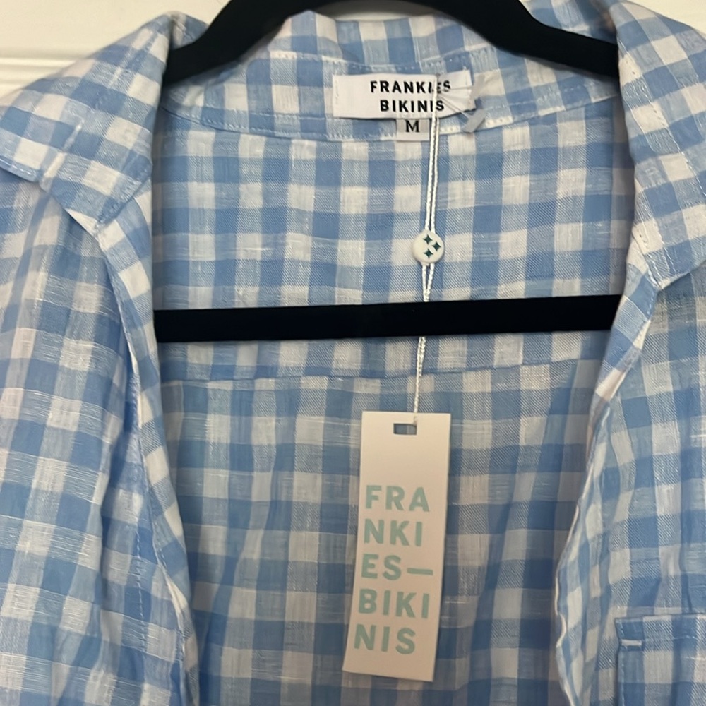 Frankies Bikinis Linen Lou Blue Plaid Button Up Top sz M - Picture 3 of 3
